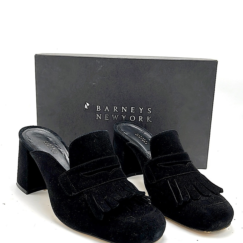 Barneys NY Suede Oxford Block Heel Fringe Mules. made in Italy.